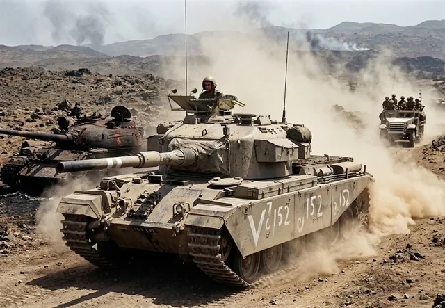 Tank Centurion v pouštní bojové scéně