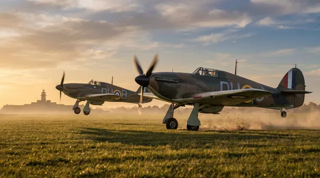 Dvojice letounů Hawker Hurricane 312. československé perutě RAF při vzletu